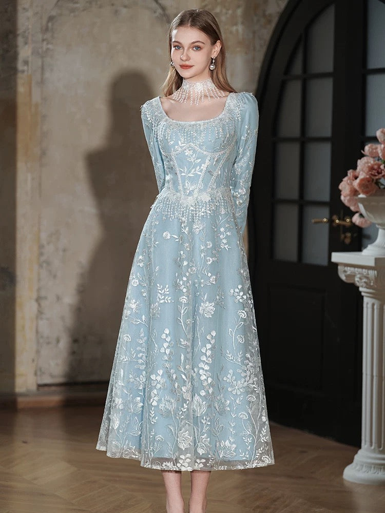 Bescheidenes A-Linien-Kleid mit quadratischem Ausschnitt, blauen Pailletten, mittellang, zum 18. Geburtstag, elegantes Outfit, formelle Ballkleider N4113
