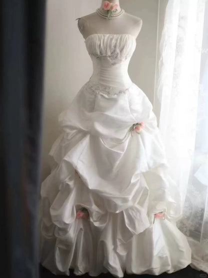 Robes de mariée intemporelles, robes de bal, bustier, satin blanc avec fleurs, robe de mariée pour jardin d'été N4085