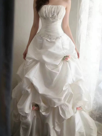 Robes de mariée intemporelles, robes de bal, bustier, satin blanc avec fleurs, robe de mariée pour jardin d'été N4085