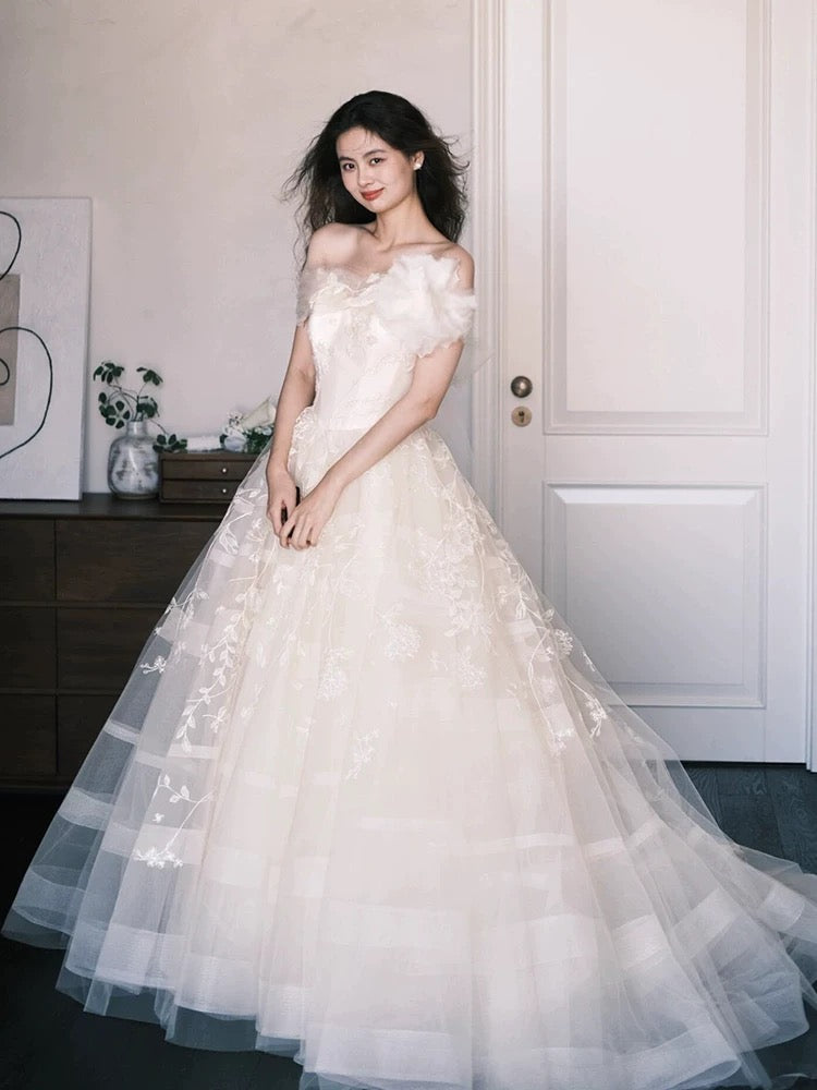 Ethereal Wedding Dresses Ball Gowns Off The Shoulder White Tulle With Lace Summer Garden Wedding Dress N4086