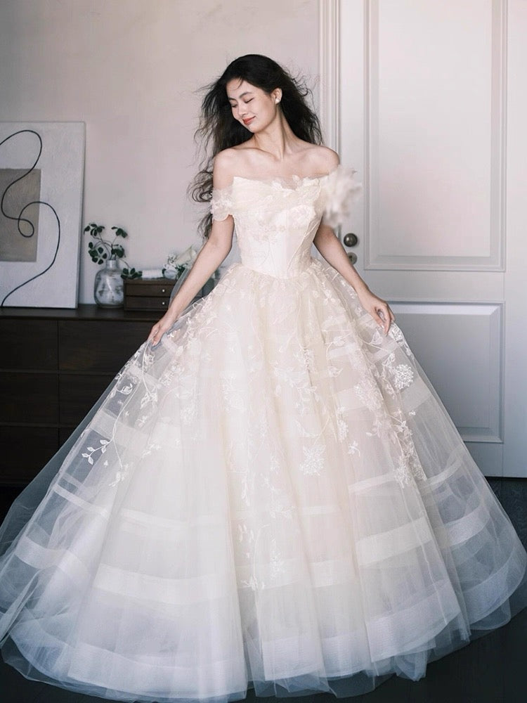 Ethereal Wedding Dresses Ball Gowns Off The Shoulder White Tulle With Lace Summer Garden Wedding Dress N4086