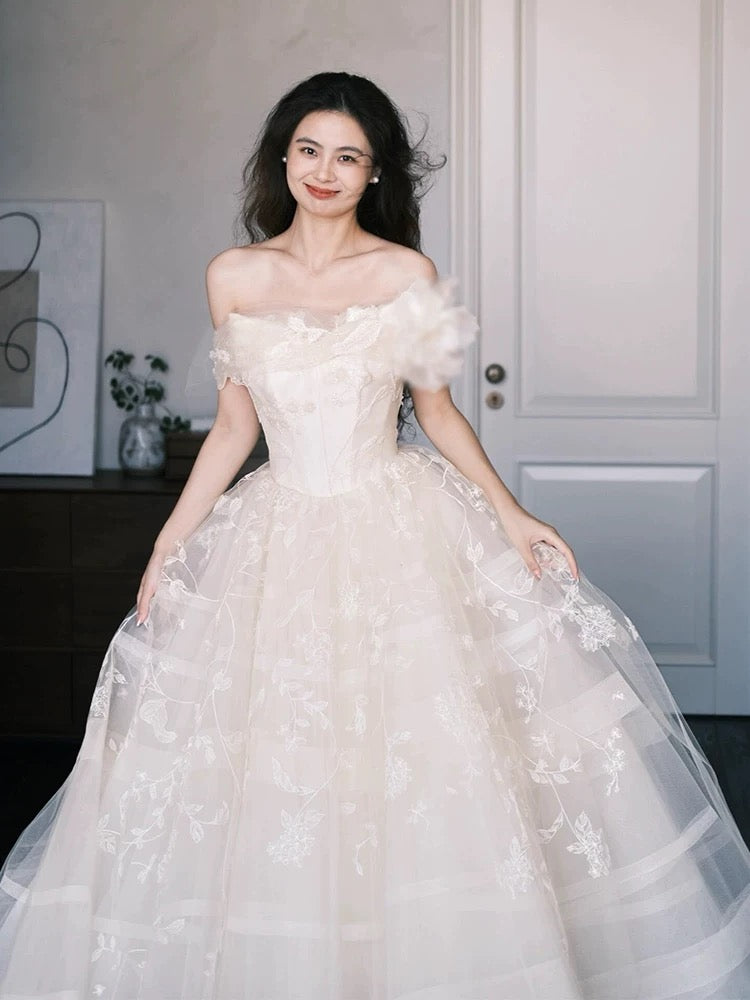 Ethereal Wedding Dresses Ball Gowns Off The Shoulder White Tulle With Lace Summer Garden Wedding Dress N4086