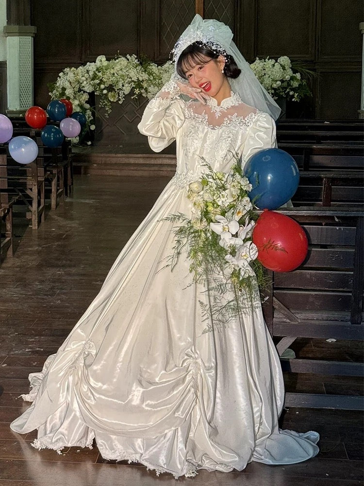Robes de mariée vintage, robes de bal, col montant, satin blanc avec manches en dentelle, robe de mariée pour jardin d'été N4087