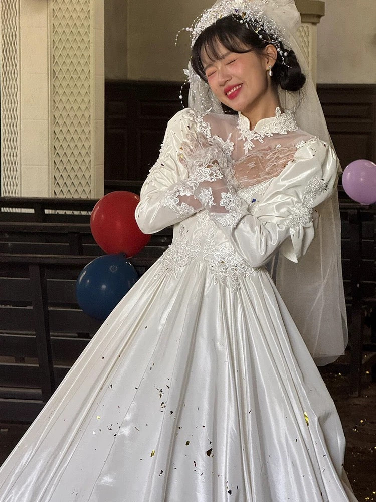 Robes de mariée vintage, robes de bal, col montant, satin blanc avec manches en dentelle, robe de mariée pour jardin d'été N4087