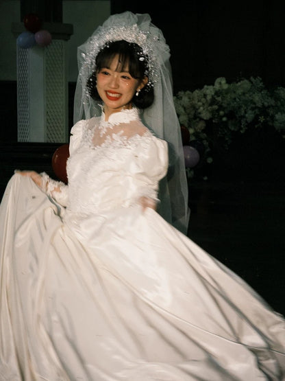 Robes de mariée vintage, robes de bal, col montant, satin blanc avec manches en dentelle, robe de mariée pour jardin d'été N4087