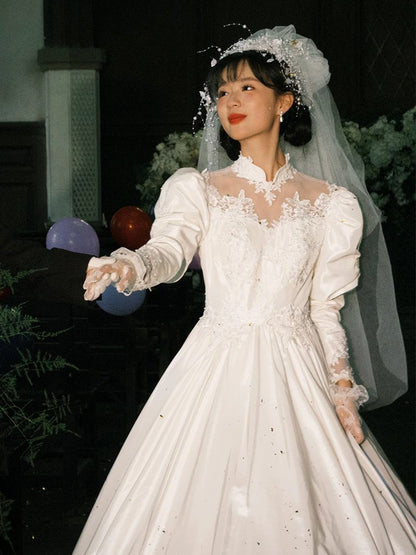 Robes de mariée vintage, robes de bal, col montant, satin blanc avec manches en dentelle, robe de mariée pour jardin d'été N4087