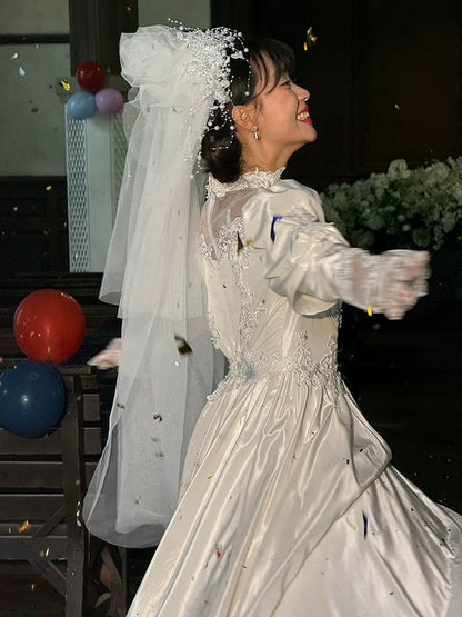 Robes de mariée vintage, robes de bal, col montant, satin blanc avec manches en dentelle, robe de mariée pour jardin d'été N4087