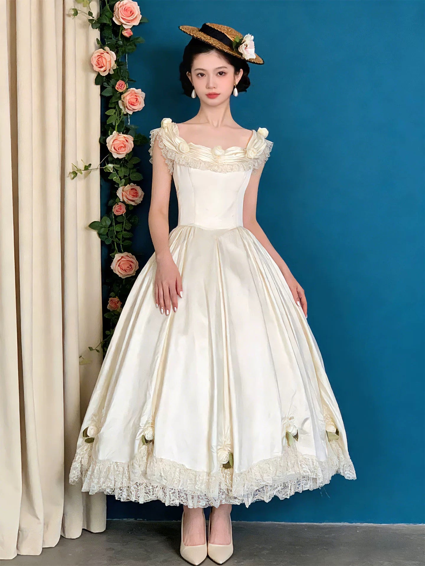 Robes de mariée vintage, robes de bal, col carré, sans manches, avec des fleurs, robe de mariée de jardin d'été N4090