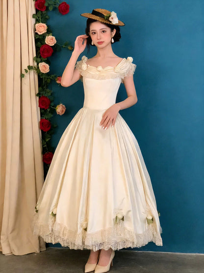 Robes de mariée vintage, robes de bal, col carré, sans manches, avec des fleurs, robe de mariée de jardin d'été N4090