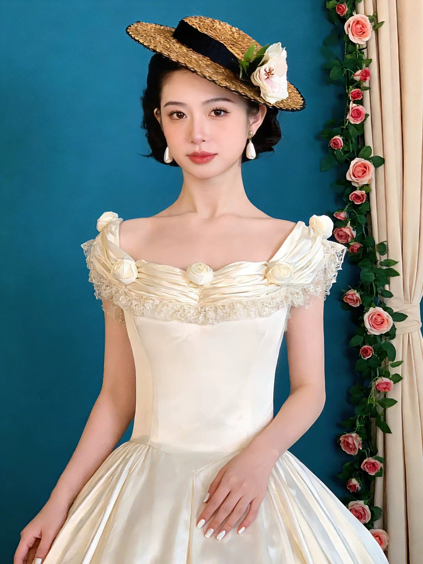Robes de mariée vintage, robes de bal, col carré, sans manches, avec des fleurs, robe de mariée de jardin d'été N4090