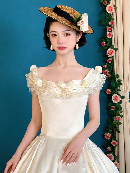 Robes de mariée vintage, robes de bal, col carré, sans manches, avec des fleurs, robe de mariée de jardin d'été N4090