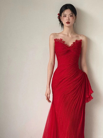 Modest Mermaid Sweetheart Red Chiffon Birthday Elegant Outfit Formal Prom Dresses N4091