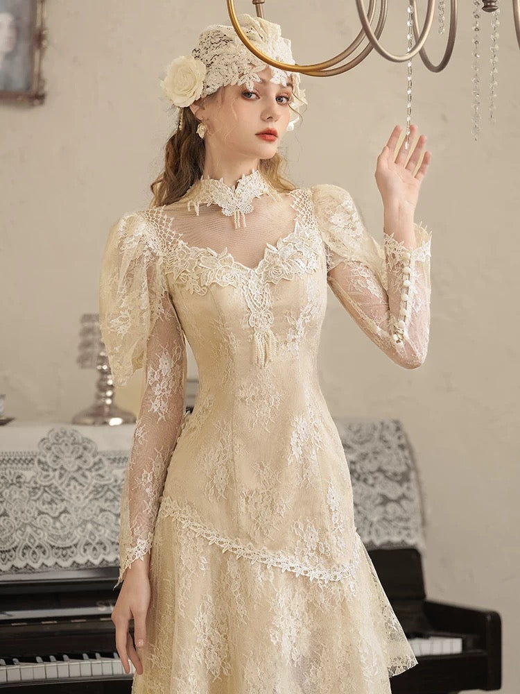 Vintage Hochzeitskleider A-Linie Hoher Ausschnitt Ärmel mit Spitze Tee-Länge Sommer Garten Hochzeitskleid N4092