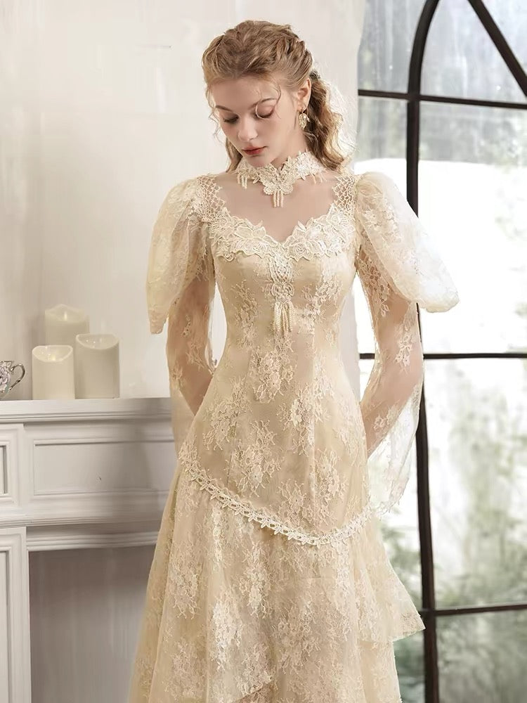 Vintage Hochzeitskleider A-Linie Hoher Ausschnitt Ärmel mit Spitze Tee-Länge Sommer Garten Hochzeitskleid N4092
