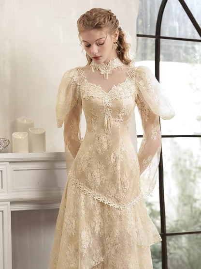 Vintage Hochzeitskleider A-Linie Hoher Ausschnitt Ärmel mit Spitze Tee-Länge Sommer Garten Hochzeitskleid N4092