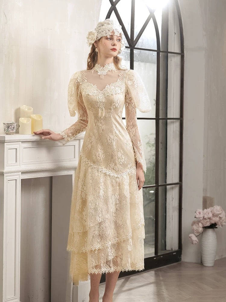 Vintage Hochzeitskleider A-Linie Hoher Ausschnitt Ärmel mit Spitze Tee-Länge Sommer Garten Hochzeitskleid N4092