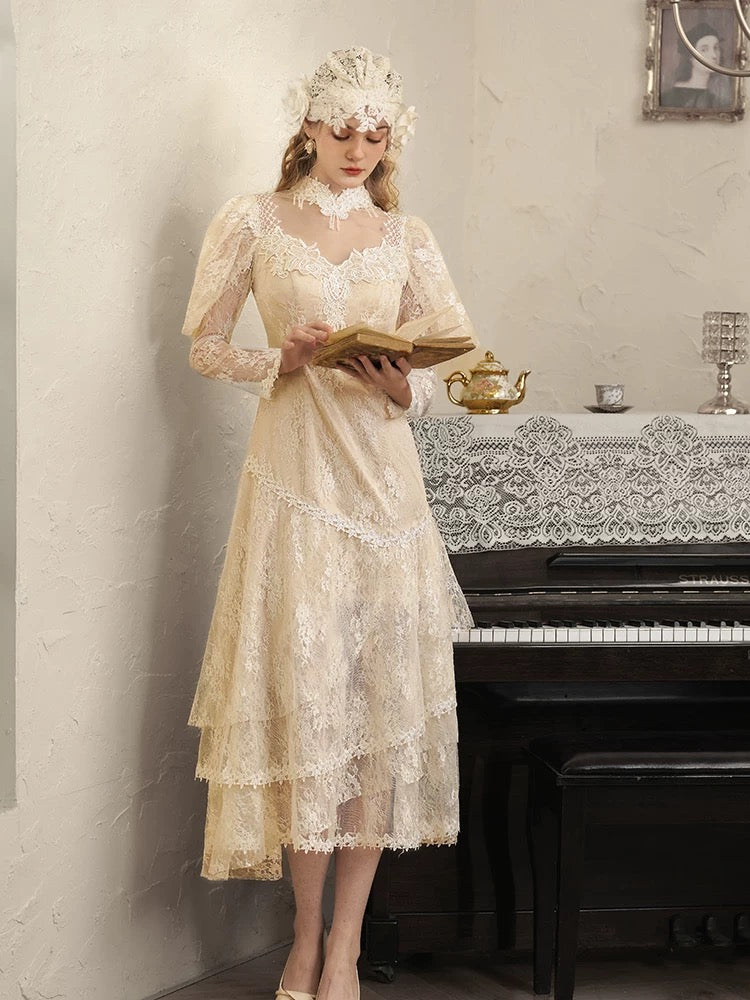 Vintage Hochzeitskleider A-Linie Hoher Ausschnitt Ärmel mit Spitze Tee-Länge Sommer Garten Hochzeitskleid N4092