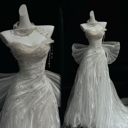 Princess Wedding Dress Mermaid Strapless Organza White With Ruffled Bow-knot Floor Length Bridal Gown RC1385