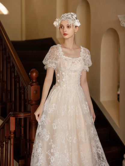 Robes de mariée vintage Trapèze Col carré Manches courtes avec dentelle Longueur cheville Robe de mariée d'été pour jardin N4095