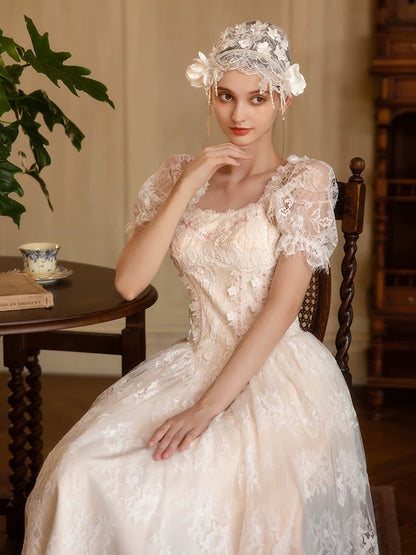 Robes de mariée vintage Trapèze Col carré Manches courtes avec dentelle Longueur cheville Robe de mariée d'été pour jardin N4095