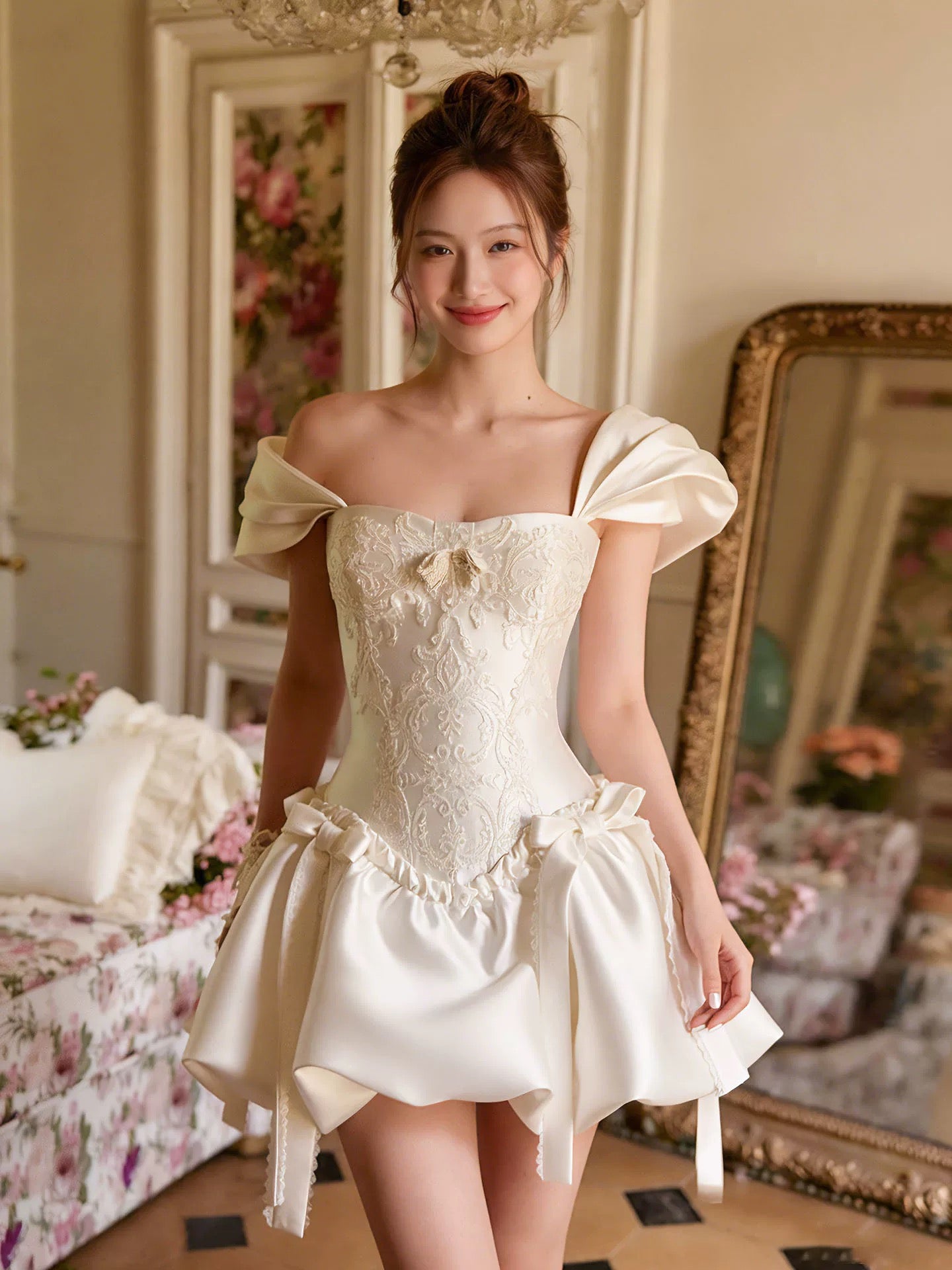 Prinzessin Brautkleider Ballkleid Quadratischer Ausschnitt mit Ärmeln Kurz Mini Sommer Garten Hochzeitskleid N4101