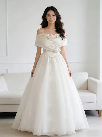 Robes de mariée vintage, robes de bal, épaules dénudées avec fleurs, robe de mariée de jardin d'été N4102