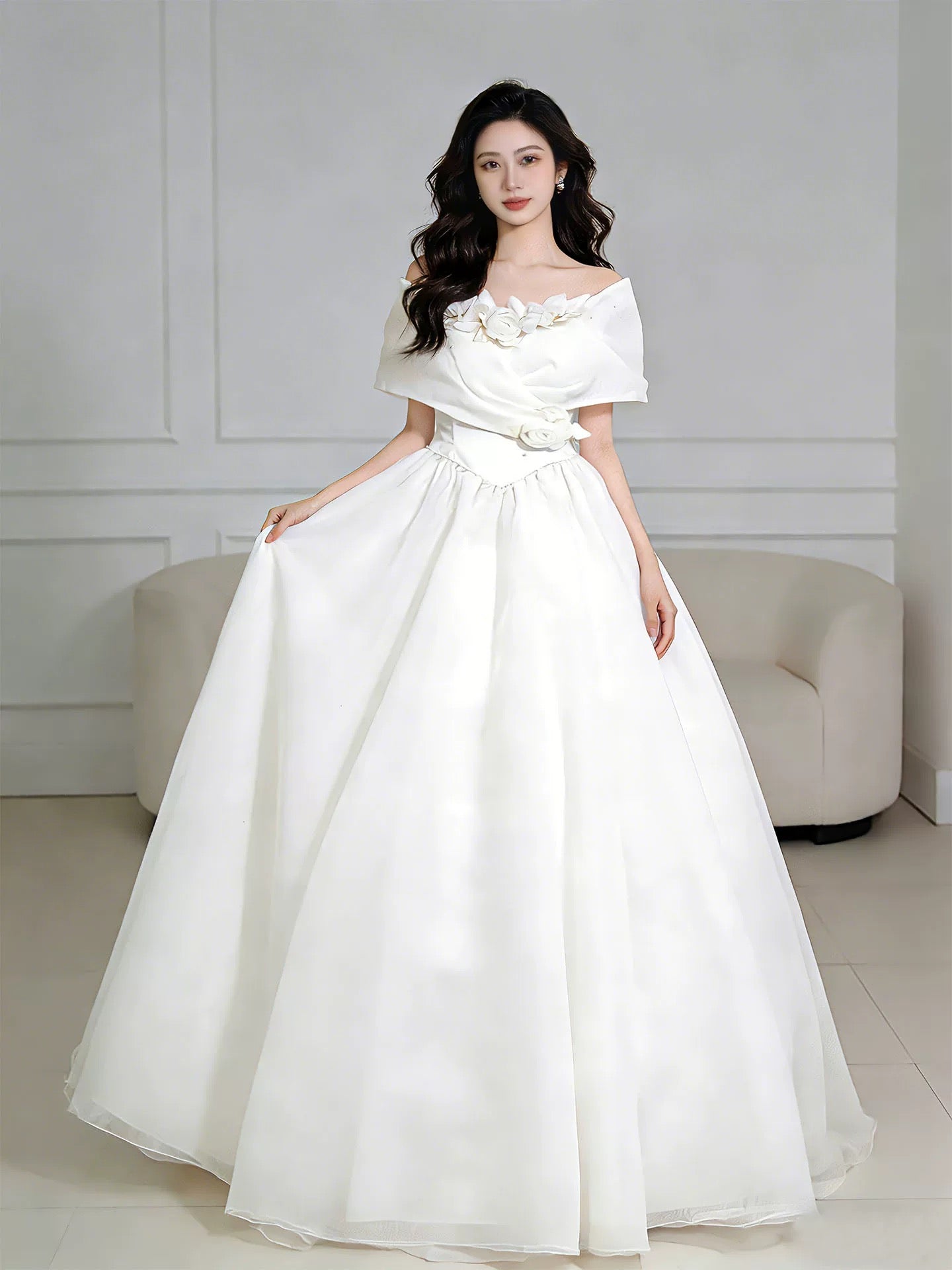 Robes de mariée vintage, robes de bal, épaules dénudées avec fleurs, robe de mariée de jardin d'été N4102