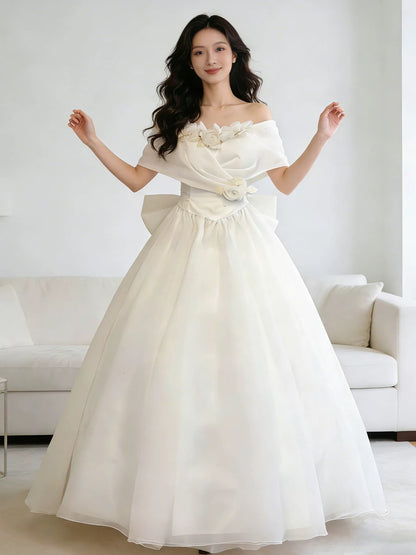 Robes de mariée vintage, robes de bal, épaules dénudées avec fleurs, robe de mariée de jardin d'été N4102