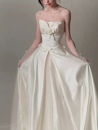 Robes de mariée simples ligne A bustier jardin d'été satin tulle longue robe de mariée N4123