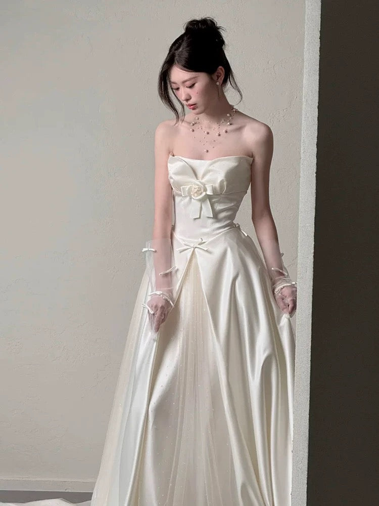Robes de mariée simples ligne A bustier jardin d'été satin tulle longue robe de mariée N4123