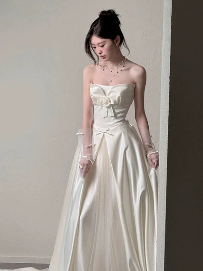 Robes de mariée simples ligne A bustier jardin d'été satin tulle longue robe de mariée N4123
