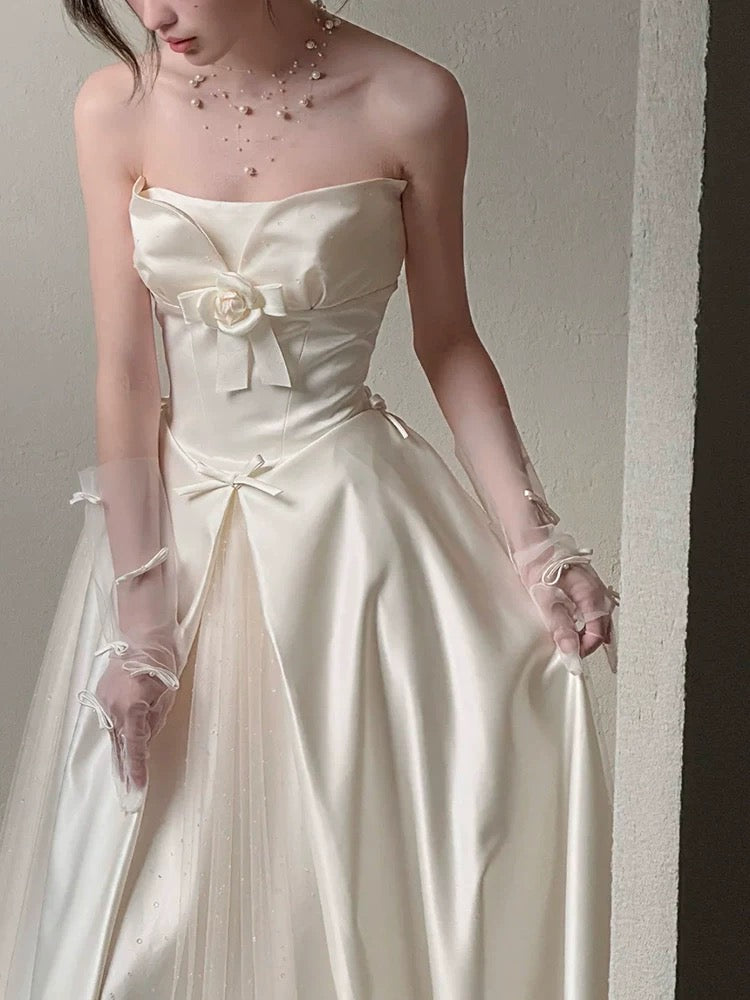 Robes de mariée simples ligne A bustier jardin d'été satin tulle longue robe de mariée N4123