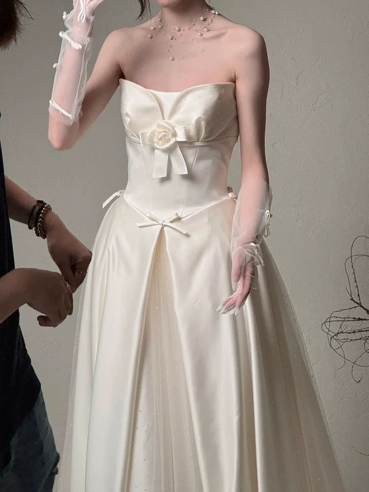Robes de mariée simples ligne A bustier jardin d'été satin tulle longue robe de mariée N4123