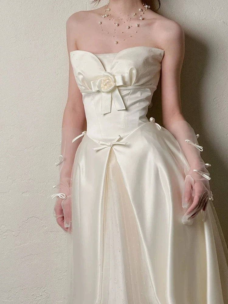 Robes de mariée simples ligne A bustier jardin d'été satin tulle longue robe de mariée N4123