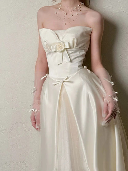 Robes de mariée simples ligne A bustier jardin d'été satin tulle longue robe de mariée N4123
