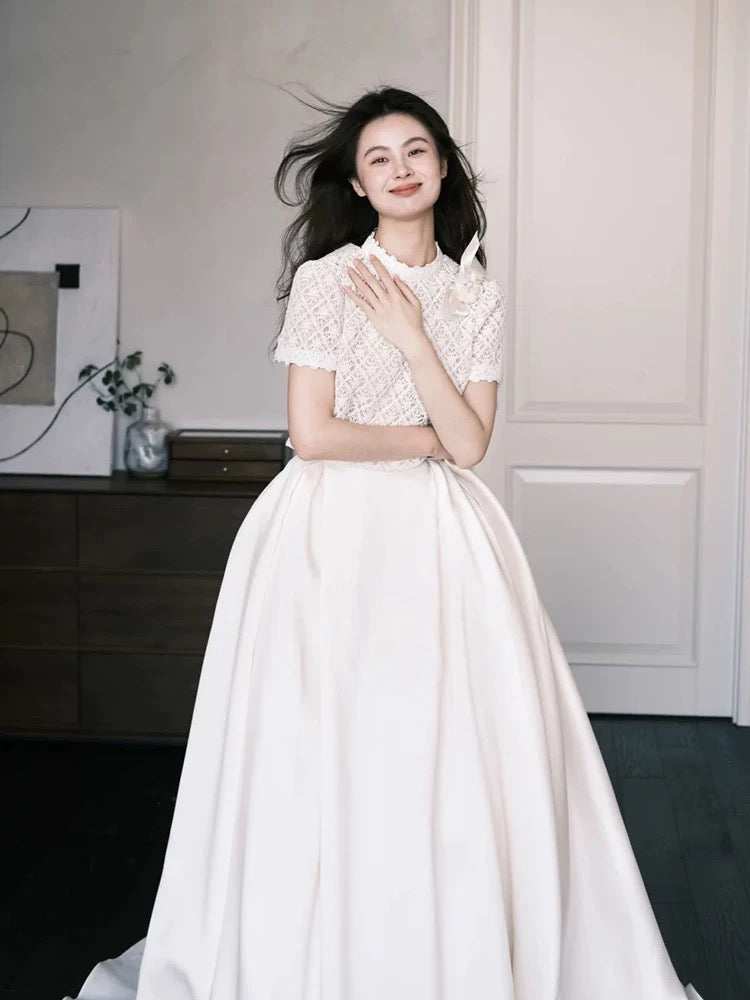 Robes de mariée simples 2 pièces, dentelle blanche, jardin d'été, longue robe de mariée N4124