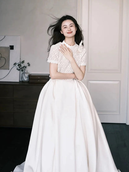 Robes de mariée simples 2 pièces, dentelle blanche, jardin d'été, longue robe de mariée N4124