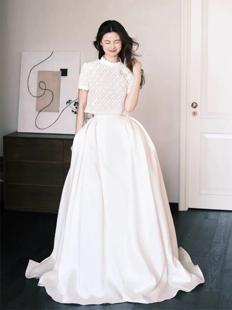 Robes de mariée simples 2 pièces, dentelle blanche, jardin d'été, longue robe de mariée N4124