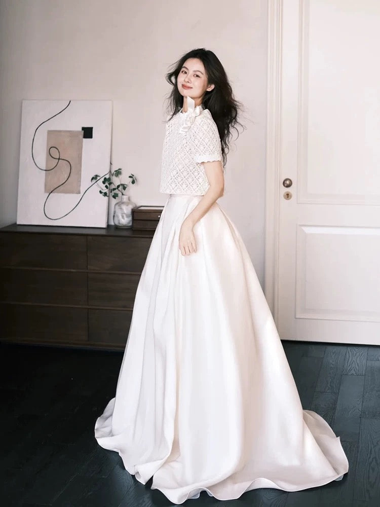 Robes de mariée simples 2 pièces, dentelle blanche, jardin d'été, longue robe de mariée N4124