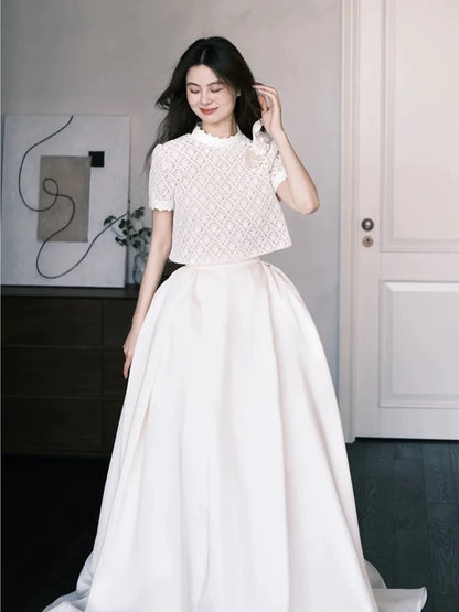 Robes de mariée simples 2 pièces, dentelle blanche, jardin d'été, longue robe de mariée N4124