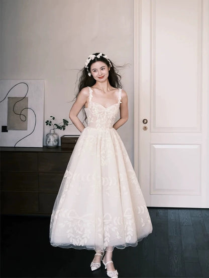 Robes de mariée simples Robe de bal Bustier Cœur Dentelle Blanche Longueur Cheville Robe de mariée de jardin d'été N4125