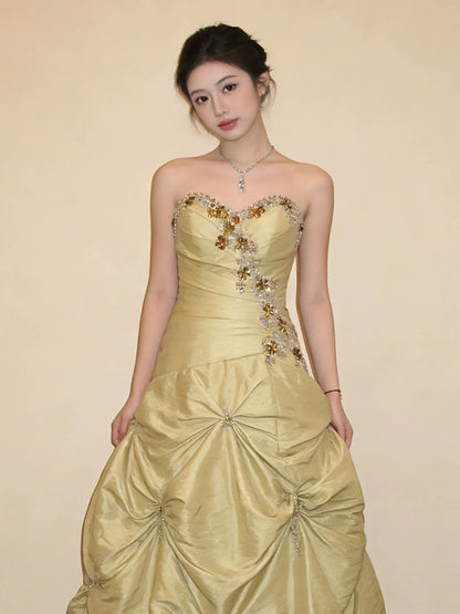 Modest Ball Gown Sweetheart Yellow Satin Birthday With Beaded Elegant Outfit Formal Prom Dresses N4127