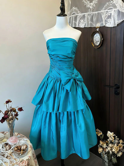Robe de Bal Bustier Satin Bleu Anniversaire avec Perles Tenue Élégante Robes de Soirée Formelles N4129