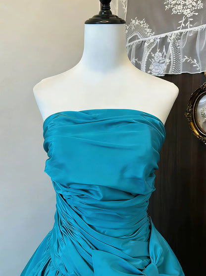 Robe de Bal Bustier Satin Bleu Anniversaire avec Perles Tenue Élégante Robes de Soirée Formelles N4129
