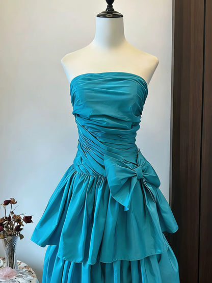 Robe de Bal Bustier Satin Bleu Anniversaire avec Perles Tenue Élégante Robes de Soirée Formelles N4129