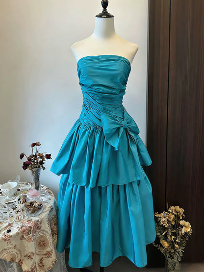 Robe de Bal Bustier Satin Bleu Anniversaire avec Perles Tenue Élégante Robes de Soirée Formelles N4129