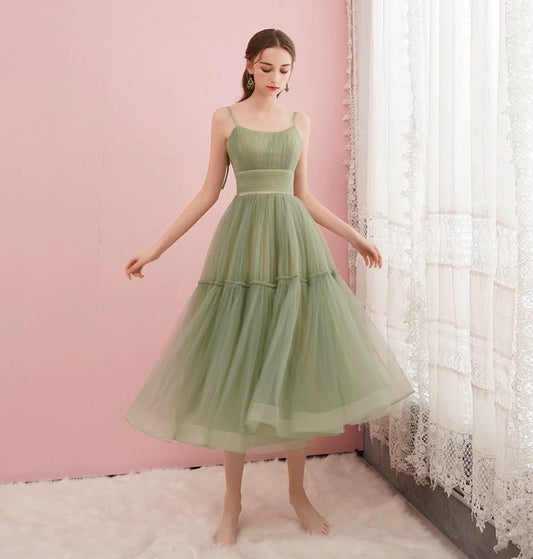 Elegantes A-Linien Spaghetti-Träger Brautjungfernkleid in Pink und Grün Teelänge Formelle Abendkleider N4130