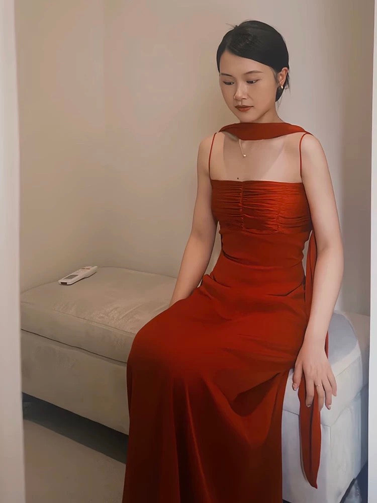 Charming Mermaid Spaghetti Strap Burgundy With Scarf Summer 19th Birthday Elegant Outfit Wedding Guest Dresses N4132