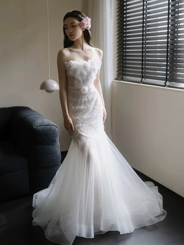 Robes de mariée vintage Sirène bustier en tulle longue robe de mariée d'été pour jardin N4135