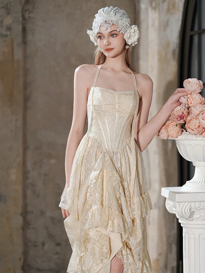 French Style Wedding Dresses A line Halter Champagne Lace Summer Garden Wedding Dress N4136